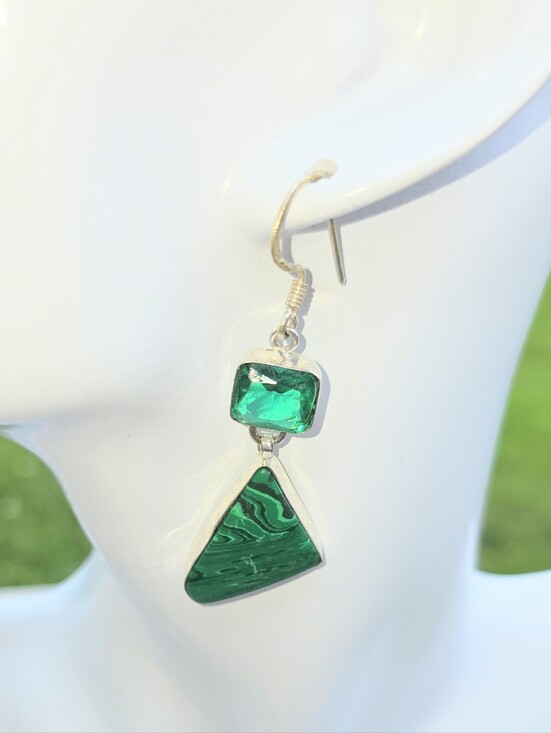 Malachite & Chrome Diopside Art Deco Earrings In 925 Sterling Silver (2.5\